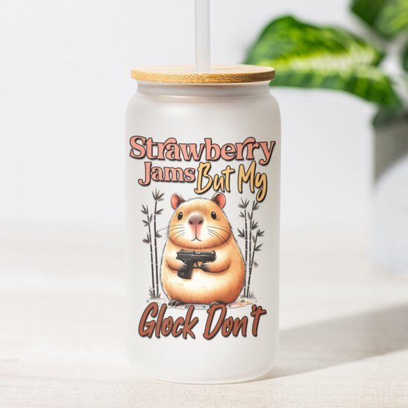 Strawberry Jams Mug, But My Glock Don’t, Iced Coffee Tumbler, Funny Capybara - Picture 1 of 7